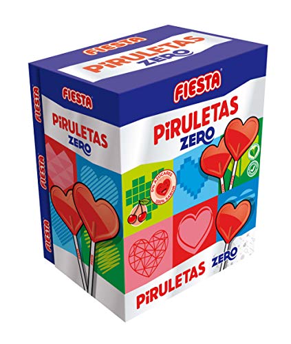 FIESTA Piruletas Zero Caramelo con Palo en Forma de Corazón Sabor Cereza - Sin Azúcar - Caja de 70 unidades