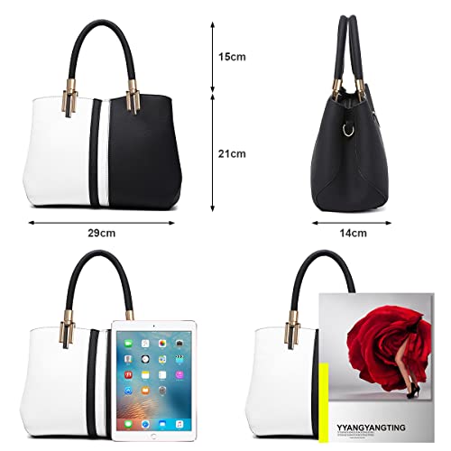 flintronic Bolso de Mano Mujer,Bolsos Con Correa Larga de Cuero PU Para Mujer, Tote Shopper Bag para Navidad y Fiesta,Casual,Formal y Trabajo, (Negro+Blanco)