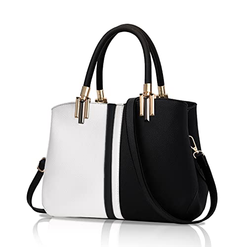 flintronic Bolso de Mano Mujer,Bolsos Con Correa Larga de Cuero PU Para Mujer, Tote Shopper Bag para Navidad y Fiesta,Casual,Formal y Trabajo, (Negro+Blanco)