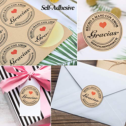 FLOFIA 300pcs Pegatinas Etiquetas Adhesivas Estampadas Hecho a Mano con Amor Gracias Especialmente para Ti de Papel Kraft Marrones Galletas Mermeladas Navidad Regalo Recuerdo Boda Cumpleaños, Diá. 4cm