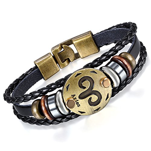 Flongo Pulseras del horóscopo Zodiaco, Retro Vintage Brazalete de Hombre Mujer, Simbolo de Estrellas para Buena Suerte, Buen Regalo de la Amistad, Aries