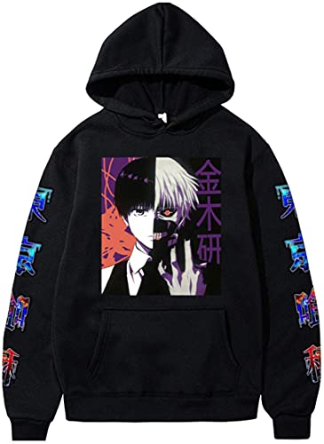 FLYCHEN Hombre Sudaderas Tokyo Ghoul Sudadera con Capucha Japanese Anime Casual Cómodo suéter Suéter Suelto Deportivo Estilo， 1 Negro Nombre, L