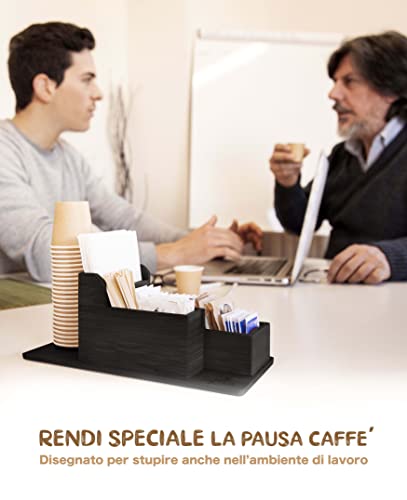 FMC SOLUTIONS Soporte para utensilios de café y té de bambú para caramelos, azúcar en bolsas, palas, tisanas, vasos y servilletas de papel – Organizador de mesa para casa y oficina (bambú negro)