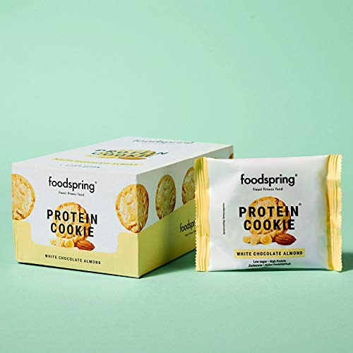 foodspring Cookie Proteica, Chocolate Blanco y Almendra, 12 x 50g, textura de galleta y almendras reales, mucha proteína, poca azúcar, snack saludable