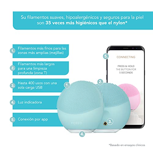 FOREO LUNA mini 3 Mint, cepillo de limpieza facial para todo tipo de pieles, ultra higiénico, modo Glow Boost, 12 intensidades, 400 usos por carga, conexión por app, 2 años de garantía