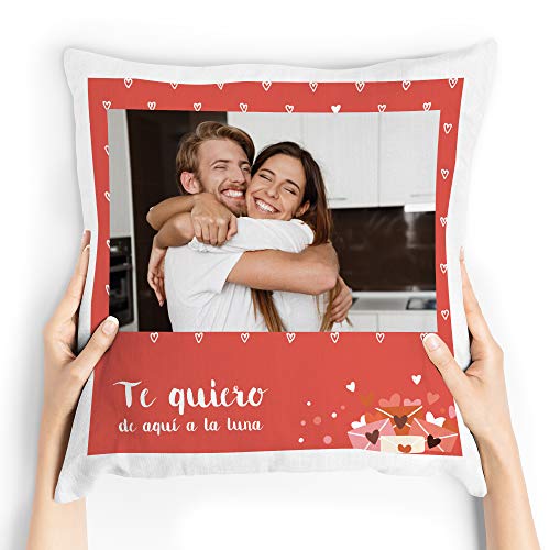 Fotoprix Cojín para Parejas Personalizado con Foto y Texto | Regalo Día de los Enamorados | San Valentín (Corazón, 35 x 35 cms)