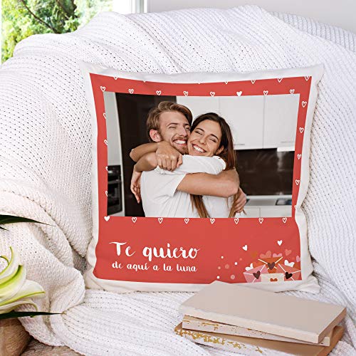 Fotoprix Cojín para Parejas Personalizado con Foto y Texto | Regalo Día de los Enamorados | San Valentín (Corazón, 35 x 35 cms)