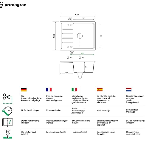 Fregadero Cocina 62 x 50 cm, Fregadero Granito Un Seno + Sifón Clásico, Fregadero Empotrado con Escurridor Copenhagen 620 de Primagran, Negro