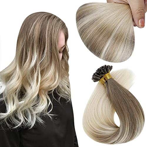 Fshine Extensión De Nail Tip De Queratina 16 Pulgadas Cabello Real Color Marrón Ceniza 8 Lejía 60 Balayage Rubio Platino 50g Extensions De Fusión En Caliente Remy