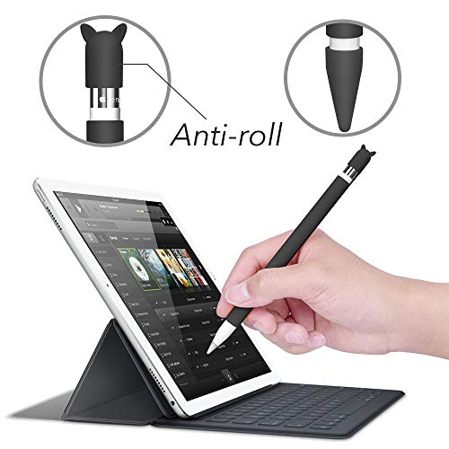 Funda de Silicona para Apple Pencil Holder Funda de Bolsillo Piel Accesorios para iPad Pro 9.7/10.5, Bolsa de Agarre Suave con Carga Gato Forma Cap Holder y 2 Cubiertas de Punta Protectora-Negro