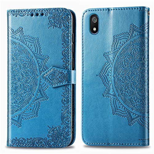 Funda para Xiaomi Redmi 7A, Carcasa Libro con Tapa Flip Case Antigolpes Golpes Cartera PU Cuero Suave Soporte con Correa Cordel - Mandala Azul