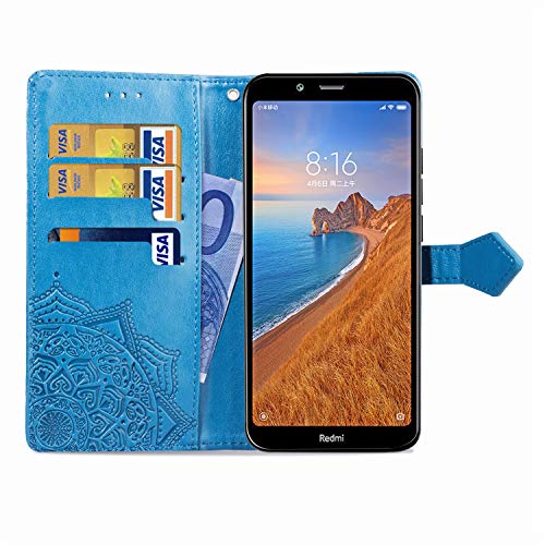 Funda para Xiaomi Redmi 7A, Carcasa Libro con Tapa Flip Case Antigolpes Golpes Cartera PU Cuero Suave Soporte con Correa Cordel - Mandala Azul