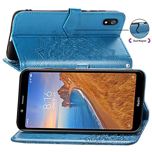 Funda para Xiaomi Redmi 7A, Carcasa Libro con Tapa Flip Case Antigolpes Golpes Cartera PU Cuero Suave Soporte con Correa Cordel - Mandala Azul