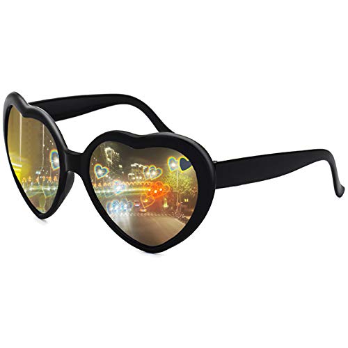 Gafas de sol con forma de corazón para mujeres y hombres, festival, fiesta rave y cambio de luz con efecto de corazón, protección UV400, Black, L