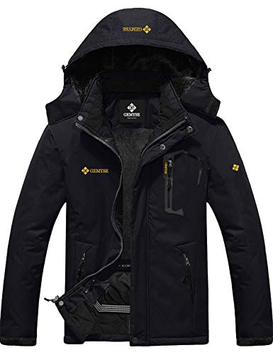 GEMYSE Chaqueta de Esquí Impermeable de Montaña para Hombre Abrigo de Invierno de Lana Antiviento con Capucha (Negro,S)