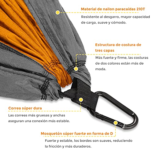 Glymnis Hamaca Ultraligera para Camping y Viaje de Nylon 300kg de Capacidad de Carga Ranspirable y Secado Rápido 275x140cm Kit de Hamaca de Tela 210T Gris y Naranja