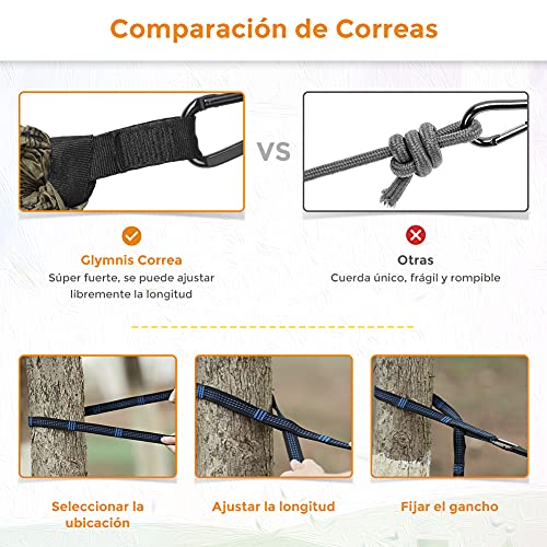 Glymnis Hamaca Ultraligera para Camping y Viaje de Nylon 300kg de Capacidad de Carga Ranspirable y Secado Rápido 275x140cm Kit de Hamaca de Tela 210T Gris y Naranja