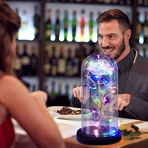 Gohytal Regalos San Valentin Mujer, Rosa Bella y Bestia Elegante Cúpula de Cristal con Base Luces LED Regalos Originales para Novia, Mamá, Día de la Madre, Día de San Valentín, Aniversario, Cumpleaños