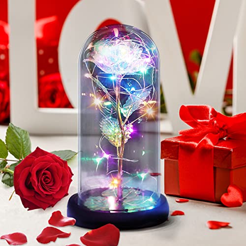 Gohytal Regalos San Valentin Mujer, Rosa Bella y Bestia Elegante Cúpula de Cristal con Base Luces LED Regalos Originales para Novia, Mamá, Día de la Madre, Día de San Valentín, Aniversario, Cumpleaños