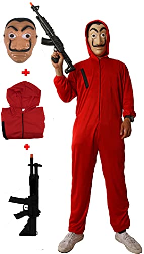 Gojoy Shop Disfraz de Mono Rojo con Capucha para Niños y Niñas,para Carnaval, Halloween (Contiene:Mono con Capucha Máscara,Metralleta Juquete y Mochila de Cuerdas. 5 Talla Diferentes) (S=160cm-170cm)