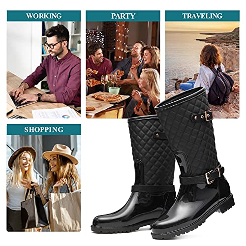 gracosy Botas de Lluvia Mujer Alta Goma Agua Botas al Aire Libre Moda Impermeable Lingge Zapatos de Jardín Wellington Boots Antideslizante Negro Azul