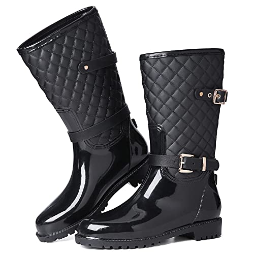 gracosy Botas de Lluvia Mujer Alta Goma Agua Botas al Aire Libre Moda Impermeable Lingge Zapatos de Jardín Wellington Boots Antideslizante Negro Azul