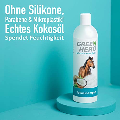 Green Hero Champú de coco para caballos, cola y crin – 500 ml champú para caballos con aceite de coco natural – Champú para todos los tipos de pelaje – sin siliconas, parabenos y microplásticos