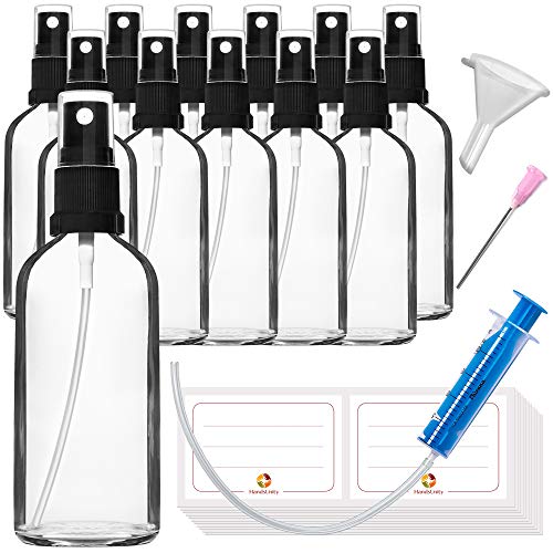 HandsUnity 100ml-12 piezas de Botella de Vidrio para Rociador - Botellas de Vidrio Transparente para Farmacia con Botella de Vidrio Atomizador Negro Hecha de Vidrio Claro que incluye 29 Accesorios