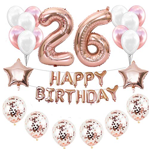 Haosell 26. Decoración de cumpleaños de oro rosa para niñas, juego de decoración de cumpleaños de niña, 26 años, color oro rosa para niña, globos de aire, globos con número 26, color oro rosa