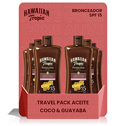 Hawaiian Tropic Tanning Oil Mini - Aceite Bronceador Solar con Protección SPF 15 , Acelerador del Bronceado con Fragancia Tropical , Formato Viaje 100 ml - 6 unidades