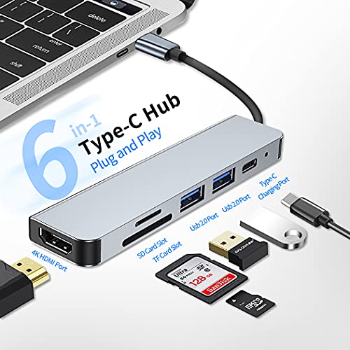 Herbst Hub USB C, Adaptador, Base de carga 6 en 1 Multiport USB C Adapter con salida HDMI 4K, USB 2.0, ranura para tarjetas SD y TF, para Windows / Mac OS / Linux / XPS, Type-C, otros dispositivos USB