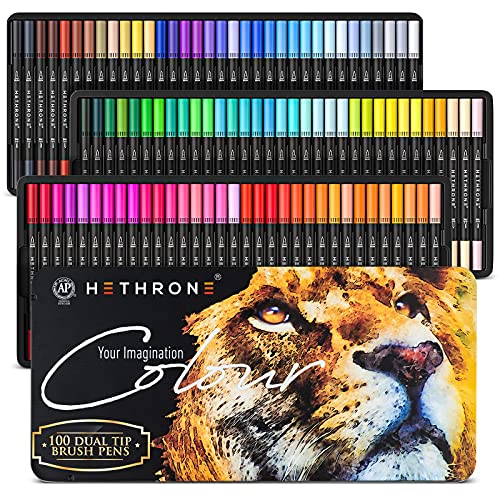 Hethrone Rotuladores Punta Pincel 100 Color Rotuladores Doble Punta Acuarelables Profesionales, Dual Tip Brush Pen para Adultos Caligrafía, Lettering, Bocetos, Dibujo