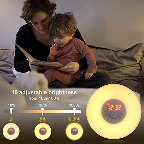 HGFQ Luz Nocturna analgica del Amanecer, Reloj Despertador con funcin de repeticin, 6 Sonidos Naturales y luz de Despertador con Radio FM para Personas Que Duermen Mucho