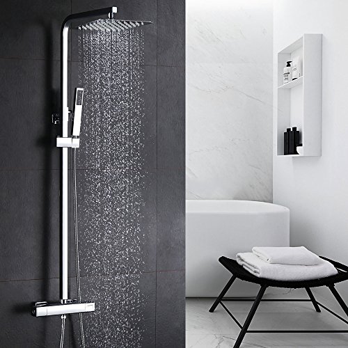 HOMELODY Columna de Ducha Termostatica 38ºC Conjunto de Ducha Cuadrado Altura Adjustable 910MM-1320MM Acero Inoxidable Ducha de Lluvia 2 Modos Ducha de Mano para Cuarto de Baño