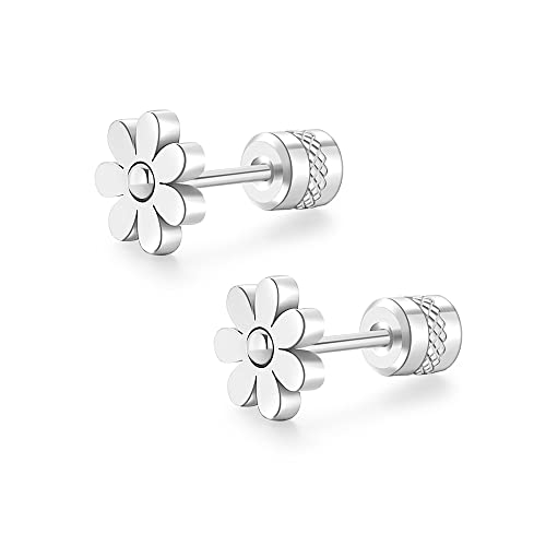 Hopply Pendientes de tuerca para mujeres y niñas, hipoalergénicos, de acero quirúrgico, diseño de flores, copos de nieve, joyería de Navidad, regalo en caja de regalo, Acero inoxidable