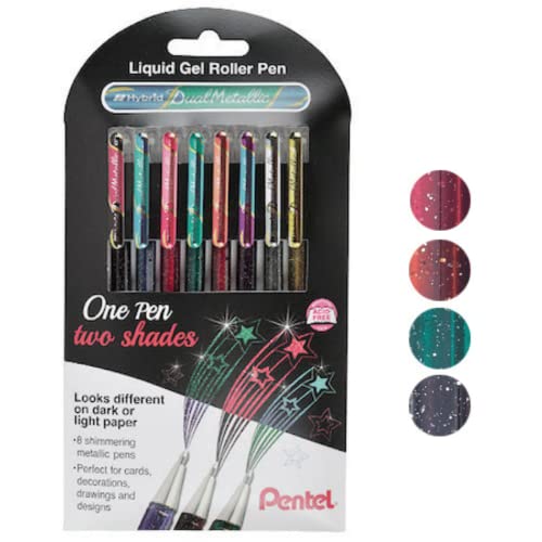 Hybrid Dual Metallic de Pentel - Caja de 8 Boligrafos Roller Gel de Colores brillantes para colorear y decorar con purpurina