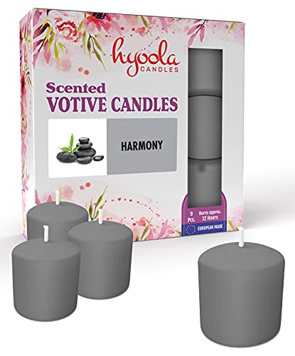 Hyoola Velas Votivas con Perfume - Velas Perfumadas con Aroma a Harmonía - Gris - 12 Horas de Combustión - Pack de 9 Velas Aromáticas - Hechas en Europa