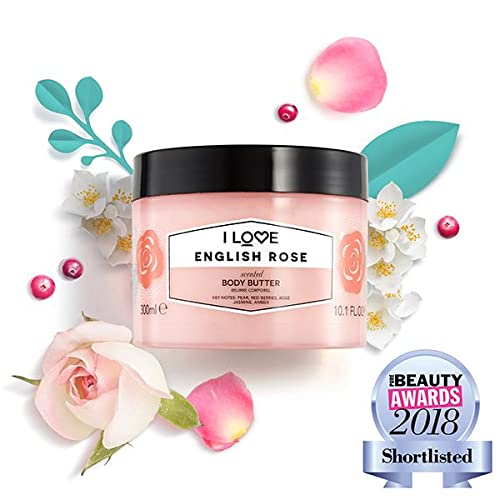 I Love English Rose Scented Body Butter, Packed With Shea Butter & Coconut Oil to Regenerate & Nourish the Skin, 85% Naturally Derived Ingredients, Vegan-Friendly - 300ml