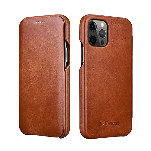 ICARER Funda iPhone 12/12 Pro, Luxury Vintage Series Flip Folio Ultra Delgado De Piel Genuina Cuero Cover Case Funda Carcasa para Apple iPhone 12/12 Pro 2020 6.1 Pulgadas (Marrón)