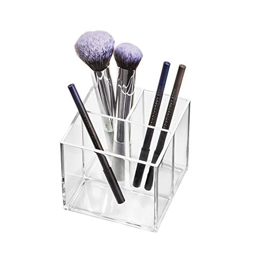 iDesign Caja de Maquillaje, brochas con 3 apartados de la colección Exclusiva de Sarah Tanno, Organizador de plástico para Pinceles, lápices y más, Transparente, 10,4 x 10,4 x 10,7