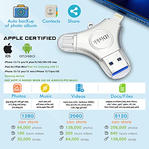 iDiskk 128 GB Photo Stick para iPhone/iPad 3 en 1 USB-C iPhone Memory Stick con certificación MFi, iPhone Storage iPad Backup Flash Drive Funciona con iOS Type-C móviles PC Mac