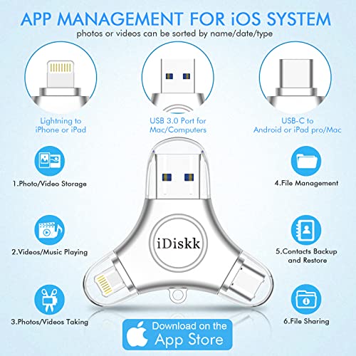 iDiskk 128 GB Photo Stick para iPhone/iPad 3 en 1 USB-C iPhone Memory Stick con certificación MFi, iPhone Storage iPad Backup Flash Drive Funciona con iOS Type-C móviles PC Mac