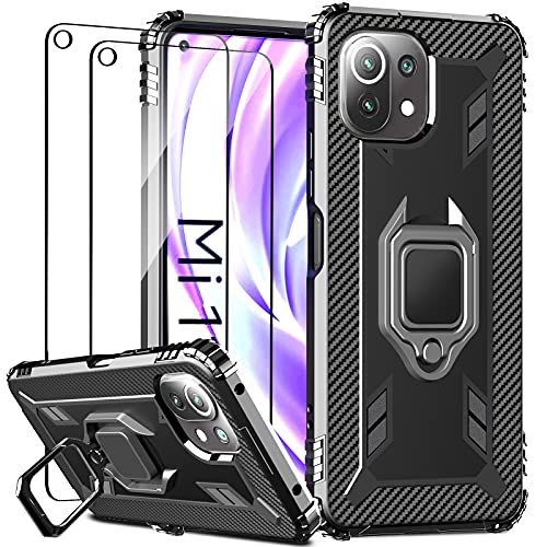 IMBZBK Funda para Xiaomi Mi 11 Lite 4G&5G/Mi 11 Lite 5G NE Carcasa + [2 Pack] Protector Pantalla Cristal Templado, [Soporte Giratorio de 360 Grados con Anillo de Dedo][Grado Militar Anti-Golpe] TPU