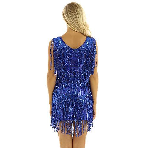 inhzoy Vestido de Baile Latino Lentejuelas para Mujer Vestido de Rumba Tango Salsa Samba Flecos Traje de Baile de Salón Disfraz de Fiesta Dancewear Azul M