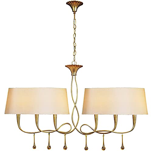 Inspired Mantra - Paola - Colgante de techo con 2 brazos y 6 luces E14, pintado en oro con tonos crema y gotitas de vidrio ámbar
