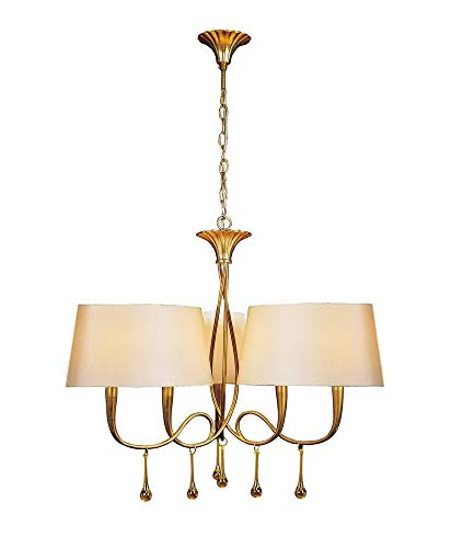 Inspired Mantra - Paola - Lámpara colgante de techo con 3 brazos y 6 luces E14, pintado en oro con tonos crema y gotitas de vidrio ámbar