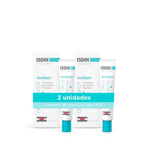 ISDIN ACNIBEN On The Spot, Gel Secante Corrector de Granos Faciales, Disminuye el Enrojecimiento y el Volumen del Grano, con Ácido Salicílico y Niacinamida, Pack de 2 Unidades, 2 x 15 ml