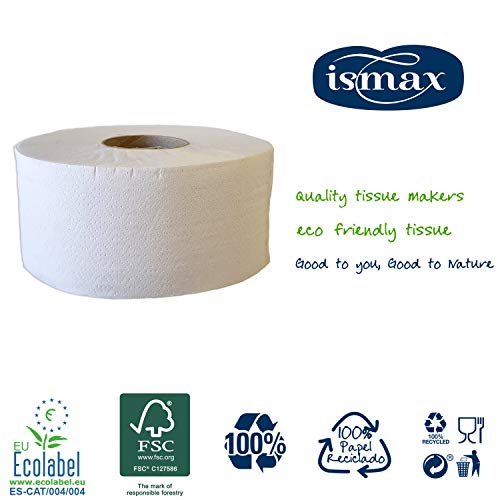 Ismax Rollos Papel Higiénico Industrial Eco Reciclado Baño Rollo WC Pack 18 Unidades - 400gr Rollo - 125 Metros Water Ecologico Natural XXL - 12151 (Capas 2)