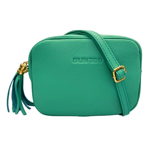 Italian Trend® Bolso mujer bandolera de piel auténtica Made in Italy. Bolso bandolera mujer con flecos y cierre de cremallera. Bolso mujer perfecto regalo para ella, Tiffany claro, 21cm x 16cm x 7cm