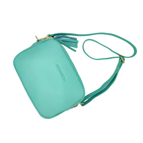 Italian Trend® Bolso mujer bandolera de piel auténtica Made in Italy. Bolso bandolera mujer con flecos y cierre de cremallera. Bolso mujer perfecto regalo para ella, Tiffany claro, 21cm x 16cm x 7cm